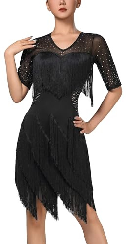 OMEWEE Damen Quaste Latin Tanzkleid Kurzarm Strass Glitzer Fransenkleid Gatsby Cocotail Party Flapper Kleider Mini Samba Cha Cha Dance Kleid Ballroom Kostüme Schwarz Medium