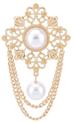 NICENEEDED Broche Vintage de Perlas Redondas con Borla de Cadena Y Flores de Filigrana, Elegante Broche Colgante Dorado Estilo Bohemio