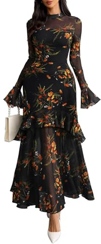 GothDark Womens Floral Maxi Dress Sheer Mesh Bell Sleeve Tiered Ruffle Gothic Romantic Casual Long Dresses Multicolor