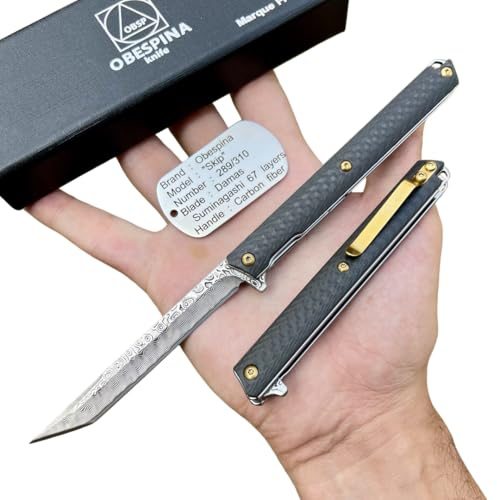 Obespina Couteau Pliant Skip Damas Numéroté Fibre Carbone Poche Série Limitée Camping Cadeau Homme Custom Gold Gentleman Folder Roulement Léger Tanto Moderne Tranchant Marque Française