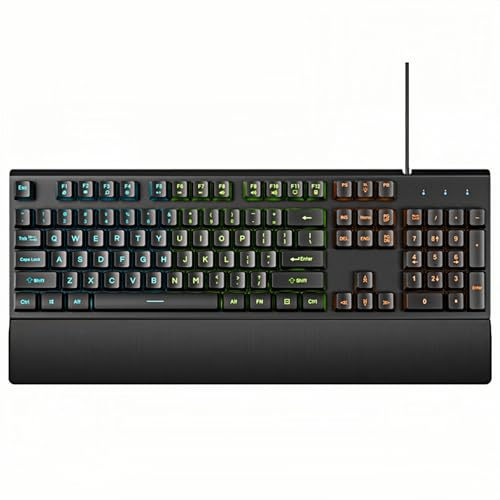 Teclado LED para juegos con cable, 104 teclas iluminadas, sensación mecánica, con reposamanos para Windows, laptop, dispositivo de oficina, viajes, fácil de llevar en viajes de negocios, woking (negro