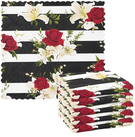 Mnsruu Microfibre Cleaning Cloths Rose Black White Stripe Pattern Reusable Dish Cloths for Washing Up 6 Pack Swedish Dishcloth Microfibre Cleaning Towels Washable Duster Rags Cloth Home
