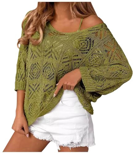 Blusa de mujer boho con hombros descubiertos para primavera y verano, mangas 3/4, suéter de punto, top de malla con aberturas, crochet, estilo hollow out, suéter de playa, blusa oversize, top de malla