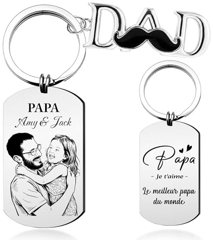 Easycosy Porte Clef Personnalisable Porte-Clés Personnalisé Photo et Texte Gravé, Idée Cadeau Fete des Peres Personnalisé pour Papa Homme Femme Garçon Fils Maman Papy Ami Pour Noël, Fête des Pères