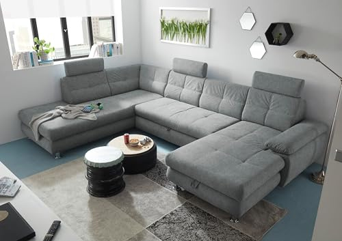 Stella Trading ALBA Wohnlandschaft in U-Form, Stoffbezug Grau 2 - Ausziehbares Sofa mit Schlaffunktion & Bettkasten - 349 x 88 x 233 cm (B/H/T)