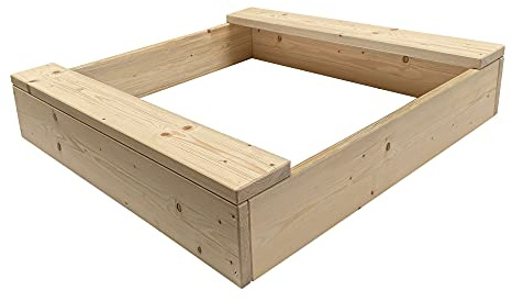 Clamaro 'Basic' Holz Sandkasten 100 x 100 cm extra stabil aus Fichte Massivholz Bohlen (26mm stark, unbehandelt), 2 Sitzflächen mit abgerundeten Kanten, verzinkte Schrauben - 100% Made in Germany