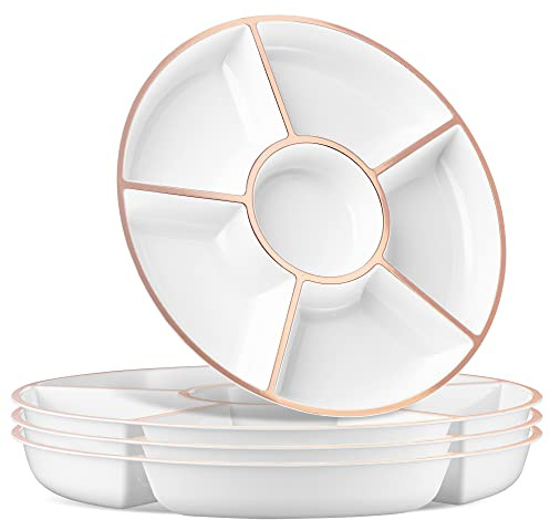 Plasticpro 6 Sectional Round Plastic Serving Tray/Platter (4, White & Rose Gold)