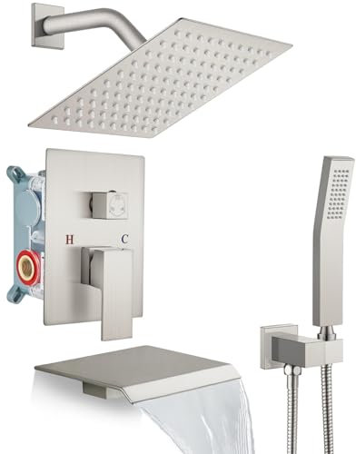 gotonovo Rain Shower Faucet System Set Rainfall Shower Head with Handheld Sprayer Waterfall Tub Spout Wall Mounted Mixer Combo Rough-in Valve and Trim Included 8 Inch Showerhead Brushed Nickel