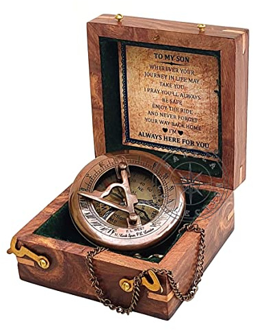 Hanzla Collection Antique Brass Sundial Compass with Wooden Box and Chain - Push Open Compass - Steampunk Accessory - Beautiful Handmade Gift - Sundial Clock