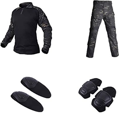 Suwequest Militäruniform Taktik Paintball Kleidung Anzug Taktische Camo Herren Kleidung Kampfhemd + Hose Knieschützer Black Camo with Pads XXXL for 90-100kg