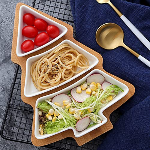 ROSE CREATE Juego de bandejas de aperitivos blancas grandes de 11.6 pulgadas, platos de postre de árbol de Navidad, plato de aperitivos, 3 platos de porcelana extraíbles con bandeja de árbol de bambú