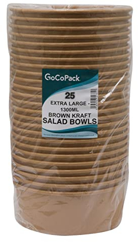 GoCoPack Kraft Salad Bowls: Pack of 25 Brown-Kraft Paper Salad Bowls - Perfect for Hot Food and for Salads - Available in A Range of Sizes and with Option to Buy Lids (Bowl - Extra Large - 1300ml)