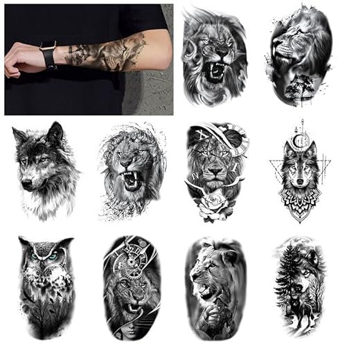 INTEROOKIE 10 Teile/Paket Löwe Eule Schwarzer Wolf Anzug Nachahmung Tattoo Halber Arm Wassertransfer 3D Tattoo Aufkleber