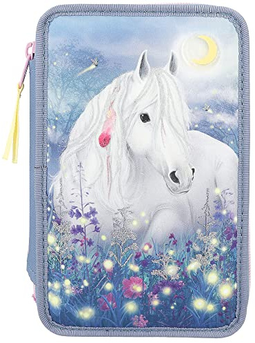Depesche 12392 Miss Melody - Gefüllte 3-Fach Federtasche in Rauchblau, mit Pferde-Motiv und LED-Lichtern , Federmäppchen mit Buntstiften, Schere, Lineal uvm.