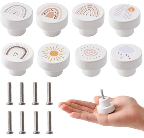 OESSUF 8 Stk Schrankknöpfe Holz fur Kinderzimmer, 35mm Runde Möbelknöpfe mit Schrauben, Holzgriffe für Schränke Weiß Türknöpfe für Kinder