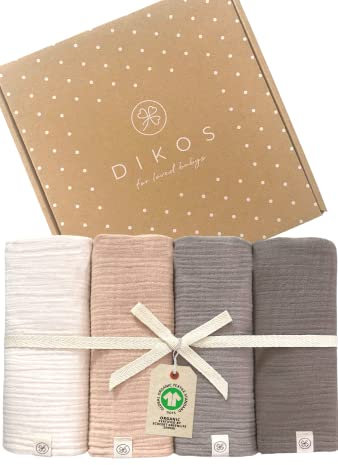 Dikos® Baby Mulltücher 4er Premium Set (Creme, Peach, Taupe & Braun) – 64x64cm – saugstarke Musselintücher aus weicher Bio-Baumwolle (GOTS & Oeko-TEX) – Spucktücher Neugeborene – Geschenk zur Geburt