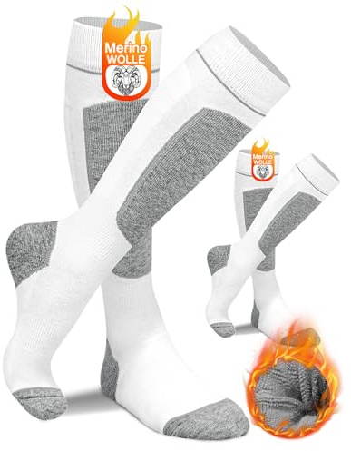 KEECOW 2 Pairs Pack Merino Wool Ski Socks for Skiing, Snowboarding, Outdoor Sports Performance Socks (9-12, White)