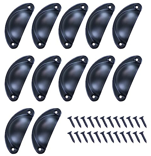 Selyse Ensemble de 12 poignées de coquille vintage pour tiroirs et placards, style rétro avec vis de fixation - Décoration de meubles pour cuisine et maison - Noir