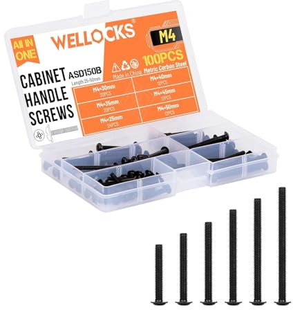 WELLOCKS Schrankgriffe Schrauben | M4 25–50 mm Maschinenschrauben Sortiment | Flachscheibenkopf Kreuzschlitzschrauben Set aus Metall | für Schrank Schublade Knöpfe (ASD150B) | Schwarz Zink | 100 Stück