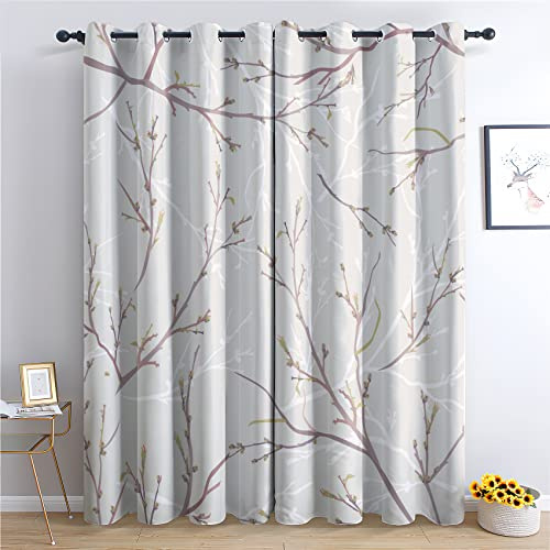 THYUNQ Vorhänge Zweige Motiv, Vorhang Blickdicht Verdunklungsvorhänge Thermovorhang mit Ösen, Gardinen Wohnzimmer Schlafzimmer Fenster, 2er Set Curtains, H 160 x B 140 cm
