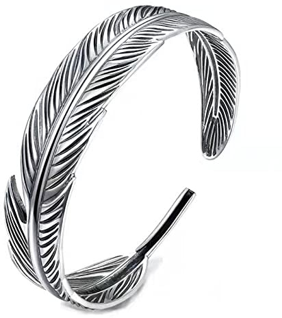 Silber-Armband, Silber-Armreifen, modischer Armreif, Armreif aus 925er-Sterlingsilber, Vintage-Stil, Distressed-Feder, breiter ethnischer Armreif, verstellbar, offen, for Paare, Amulett-Armband, Schmu
