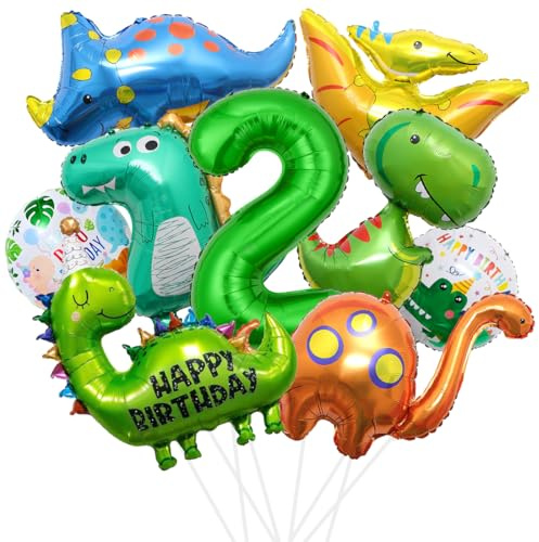 XXL Dino Geburtstag Deko, 2 Jahre Dinosaurier Folienballon, Dinosaurier Geburtstagsdeko Jungen, Grüner Luftballons Dino, Zahlenballon 2 für Jurassic Dschungel Party Kinder Geburtstags