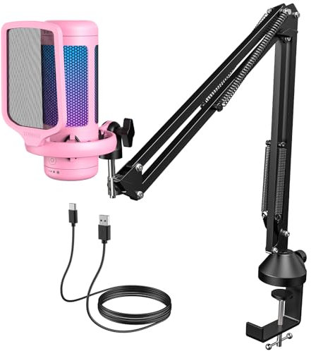 TONOR Micro PC Gaming RGB, USB Microphone Condensateur Professionnel Mic avec Support de Bras pour Streaming, Enregistrement, Youtube Discord Gaming, Voix-Off pour Ordinateur Laptop Mac TC310+ Rose