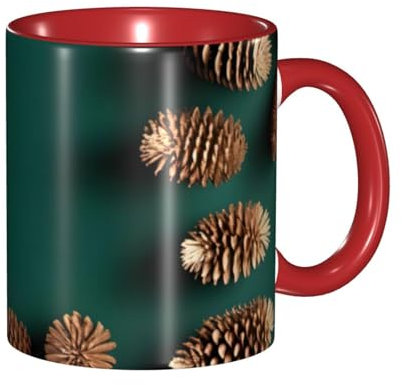 YYHWHJDE ColorName Keramikbecher, zweifarbig, geeignet für Cappuccino, Latte, Müsli, Joghurt, Milch, heiße oder kalte Getränke, Mikrowellen-Ofen, Tannenzapfen, Bordüre, Bild