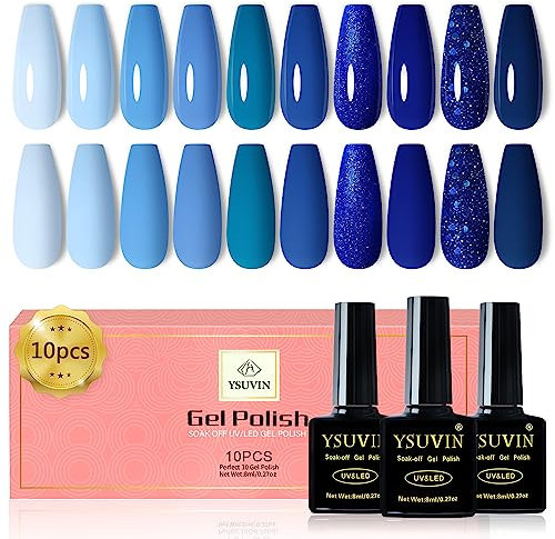 YSUVIN UV Nagellack Blau, 10 Farben Blau Hellblau Marineblau Dunkelblau Glitter Gel Nagellack Soak Off UV Nagel Gel für Anfänger DIY Nail Art Maniküre Salon, Langlebig, 8ML