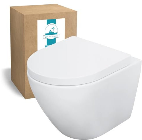 Calmwaters® Wand WC spülrandlos Weiß, mit WC-Sitz, Raumspar WC: 45 cm Ausladung, mit Absenkautomatik, Tiefspüler, Hänge WC, Wandmontage, Sanitärkeramik, 08AB6159