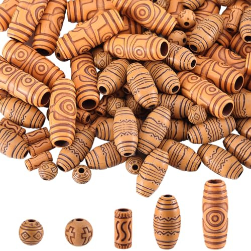 SUNNYCLUE 150 Stück Holzimitatperlen Haarschlauchperlen Holzkugel Rund Oval Röhrenförmig Acryl Zopf Dreadlock Großes Loch Lose Perlen Für Zöpfe DIY Dekorationen Armbänder Halsketten Pulloverketten Anf