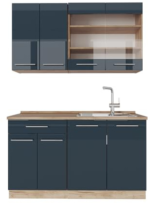 Vicco Singleküche Fame-Line, Dunkelblau Hochglanz/Goldkraft Eiche, 140 cm | 4 Module · Höhenverstellbare Füße · AP Eiche inkl. · MDF-Fronten · Softclose · Metallgriffe