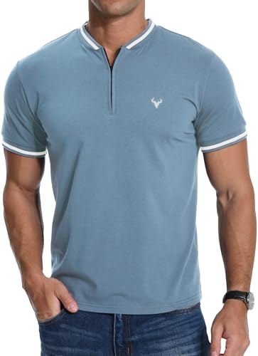 MLANM Men's T-Shirt Summer Zip Henley Short Sleeve Shirt Front Deer Head Embroidery Casual Cotton Men's Tops,XL Blue