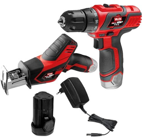 Valex Kit Trapano + Sega a Gattuccio a batteria al litio 12V, confezione 2 prodotti per il fai da te con utensili cordless, batteria e caricabatterie Gamma OneAll 12V, 2Ah