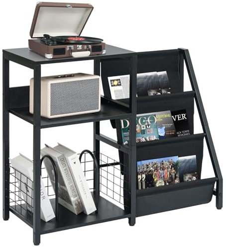 Vinyl Record Player Stand, End Table with 3-Tier Storage for Up to 200 Albums,Steel Frame CD Record Cabinet, Turntable Stand and Wood Record Shelf Cabinet for Living Room, Rec Room, Home Studio