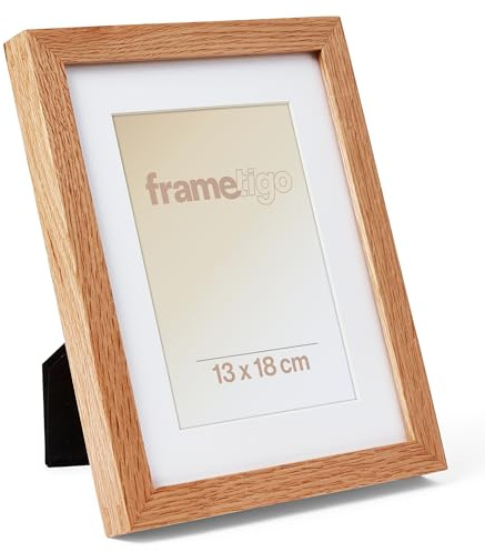 Frametigo - Massiver Eich Holzrahmen mit Passepartout, Fotoformat 13x18cm - Rahmenrückseite und Ständer aus Samt - doppelte Keilzinkenverbindung - polierter Rand aus Echtglas