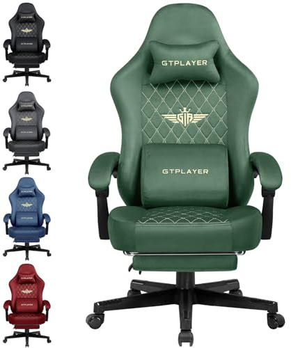 GTPLAYER Gamingstol tyg gaming stol ergonomisk kontorsstol PC-stol, 150 kg lastkapacitet, justerbar och vridbar skrivbordsstol med fjädersitskudde och fotstöd, grön