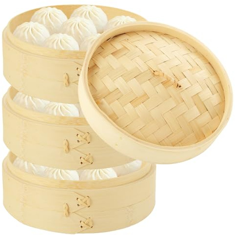 LOPYXBR 3 Tied Bamboo Steamer 8 Inch Dumpling Steamer Basket 3 Tied Bamboo Steamer Basket with Lid Steaming Basket for Cooking Dim Sum, Chicken, Fish