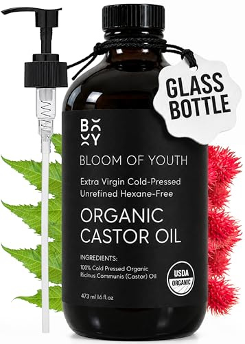 100% Pure Cold Pressed Organic Castor Oil, Glass Bottle 16oz | Hexane Free, Unrefined, USDA Certified | For Hair, Skincare, Castor Oil Pack, Face, Joints, Carrier Oil, Eyelashes, Eyebrows