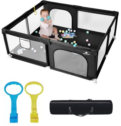 derimkcoa Laufstall Baby,Laufgitter Baby,Kinderzaun mit Atmungsaktivem Netz,Tragbarer Laufstall für Drinnen und Draußen(150x180x66cm,Schwarz)
