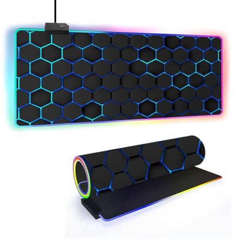 FANSU RGB Gaming Mouse Pad, Extra Large Mouse Mat, Cool LED Light Up Desk Pad, with Non-Slip Rubber Base, Soft Computer Keyboard Mousepad for Game lover, 3d Honeycomb Print (lBlue,800x400x4mm)