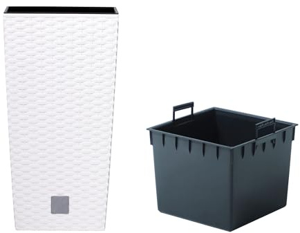 Dynamic24 50cm Pflanzschale Rattan Optik mit herausnehmbaren Kunststoffeinsatz Innen Außen Blumentopf Übertopf Kübel Blumenkübel Weiss (Weiss)