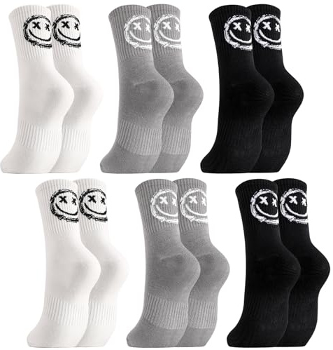 Utensilsto 6 Paar Tennissocken Damen 38-42 Sportsocken Baumwolle Socken mit Smilie Motiv Lustige Verrückte Socken Smile Crew Socks für Lauf Tennis Sport weiß, schwarz, grau