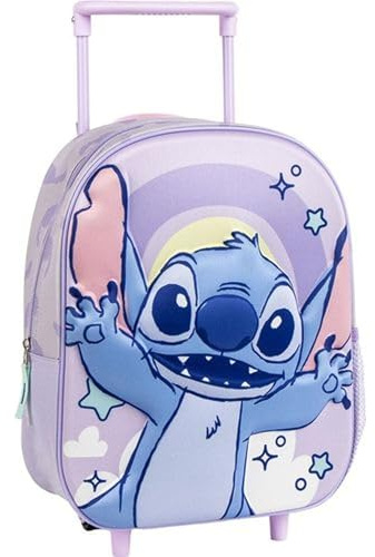 Zaino trolley originale Disney Stitch con ruote e manico estensibile | Zaino scolastico Stitch viola con motivo arcobaleno per bambine e bambini