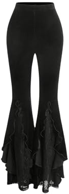 GORGLITTER Flared Trousers Women Velvet Contrast Lace Ruffle Trim High Elastic Waist Bootcut Retro Pants Black Small