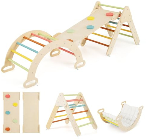 HOMASIS 3 in 1 Triangolo di Arrampicata Multiuso per Bambini, Giocattoli con Scivolo Rampa Arco, Set di Arrampicata per Asilo Nido, Parco Educativo per Bambini di 1+ Anno (Macaron, con cuscino)