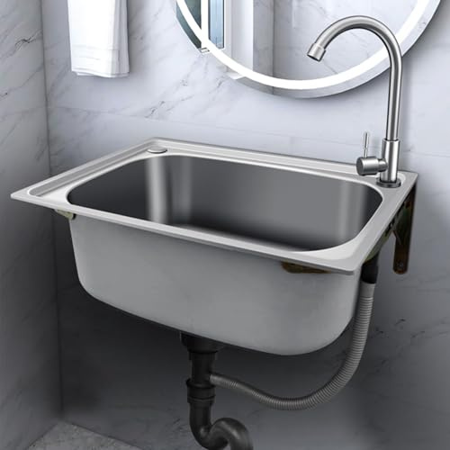 Lavello a Parete in Acciaio Inox a Una Vasca per Cucina Commerciale - Stazione lavamani con Rubinetto e Tubo di Scarico (Un Colore 48x35 cm)