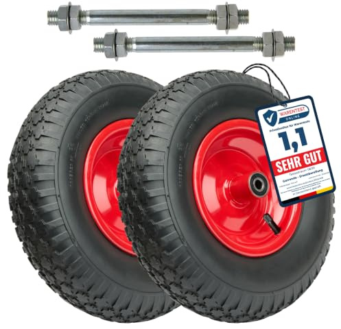 Garronda 2er-Set 4.00-6 Schubkarrenrad Luftreifen Schwarz-Rot GD-0163 | 2PR, bis 136 kg belastbar, mit Achse, Stahlfelge und Kugellager, als Ersatzrad für Schubkarre, Bollerwagen und Gartenwagen