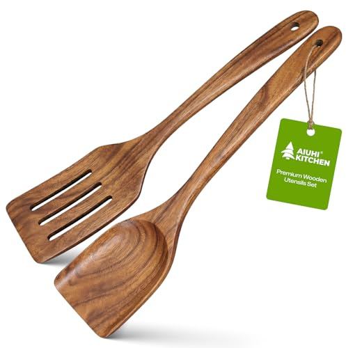 AIUHI Juego de espátulas de madera con mango largo natural