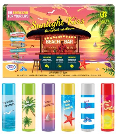 Sunlight Kiss Läppbalsamset Cocktails – 6 Aromatiska Balsam med Expertblandade Doftnoter, Sheasmör, Bivax & Kokosolja – Återfuktande Presentset, Brittiskt Varumärke